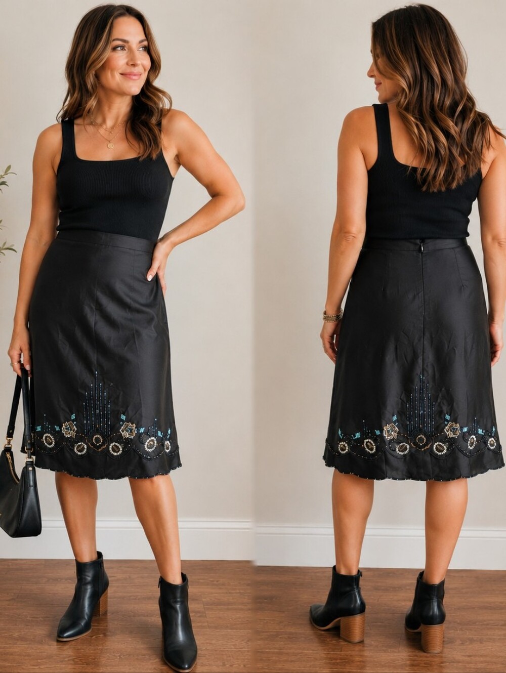 Nanette Lepore Silk Black Beaded Embellished Skirt Size 4 Boho Luxe Y2K Art Dec